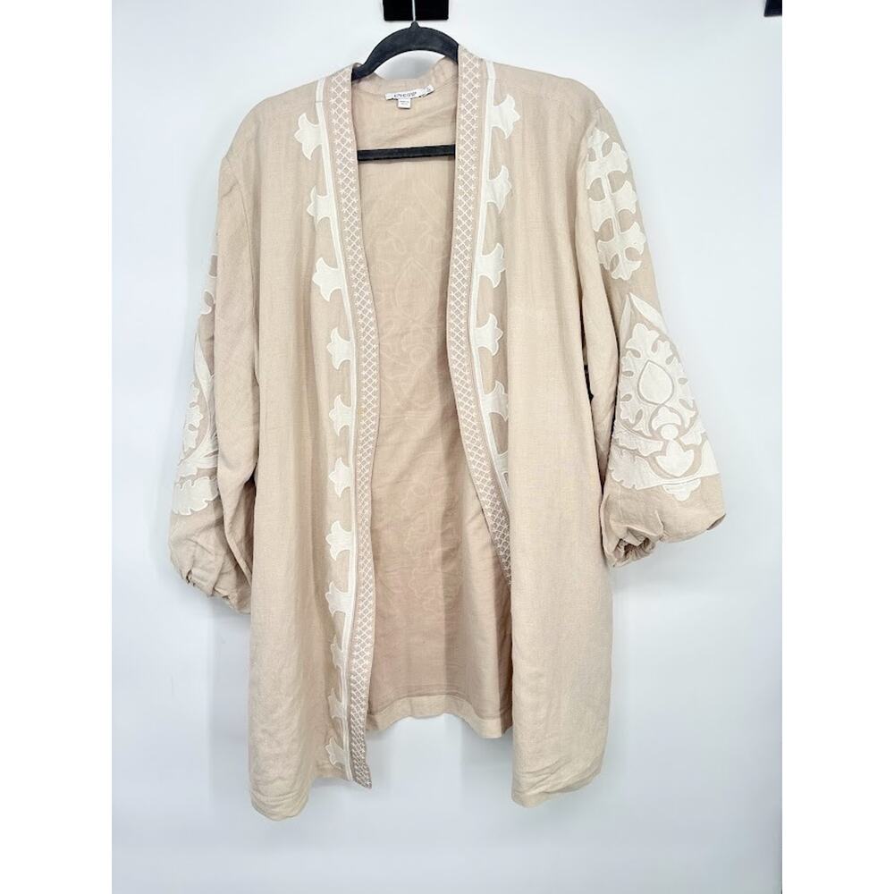 Chico's Linen Blend Open Front Jacket Blazer Cover Up Jacquard Boho Size 20 Tan